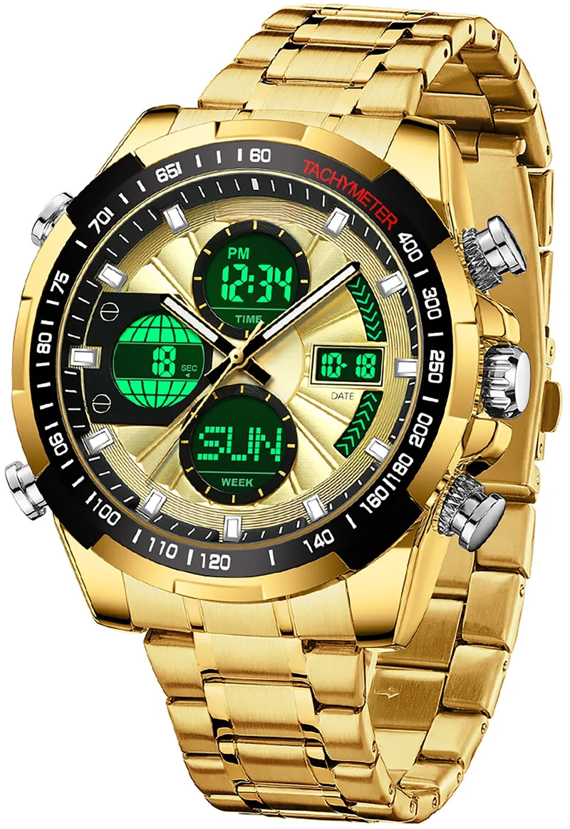 Luxury Stainless Steel Watches for Men Gold Digital Analog Mens Watch with Countdown Alarm Three Time Zone Waterproof Classic Business Wristwatch