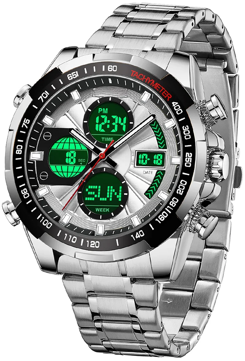 Luxury Stainless Steel Watches for Men Gold Digital Analog Mens Watch with Countdown Alarm Three Time Zone Waterproof Classic Business Wristwatch