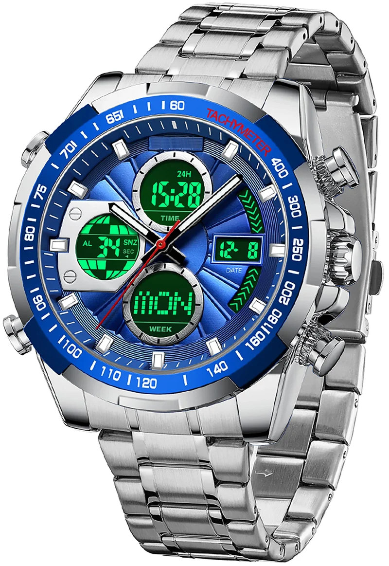 Luxury Stainless Steel Watches for Men Gold Digital Analog Mens Watch with Countdown Alarm Three Time Zone Waterproof Classic Business Wristwatch