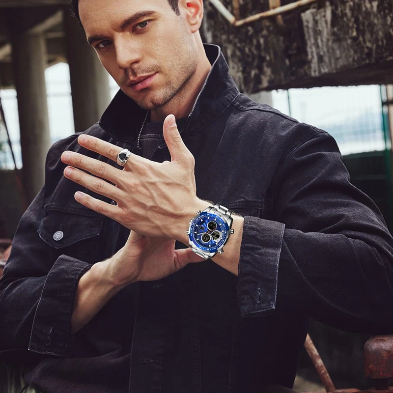 Luxury Stainless Steel Watches for Men Gold Digital Analog Mens Watch with Countdown Alarm Three Time Zone Waterproof Classic Business Wristwatch