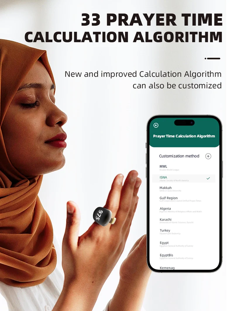 Muslim Prayer Smart Ring Men Women Prayer Ring with Number Counter Prayer Plan Reminder Customize Prayer Algorithm Waterproof Dust Proof Ring with Charging Case Compatible with iOS Android Phones
