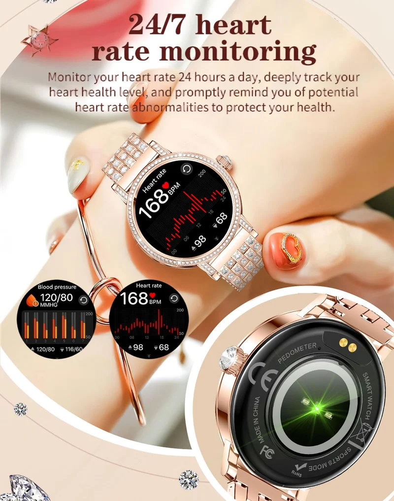 Diamond Smart Watch for Women Bluetooth Call 24/7 Blood Pressure Monitor Heart Rate&Sleep Tracker Fitness Activity Tracker Message Notifications Elegant Rhinestone Dress Smartwatch