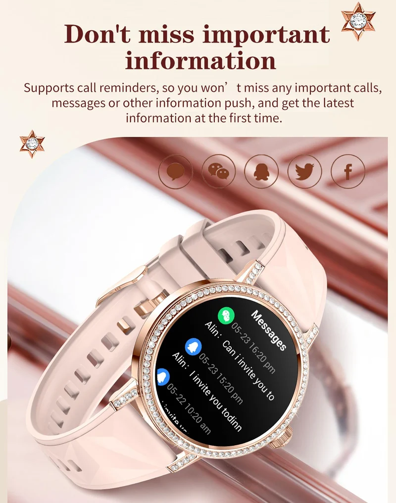 Diamond Smart Watch for Women Bluetooth Call 24/7 Blood Pressure Monitor Heart Rate&Sleep Tracker Fitness Activity Tracker Message Notifications Elegant Rhinestone Dress Smartwatch