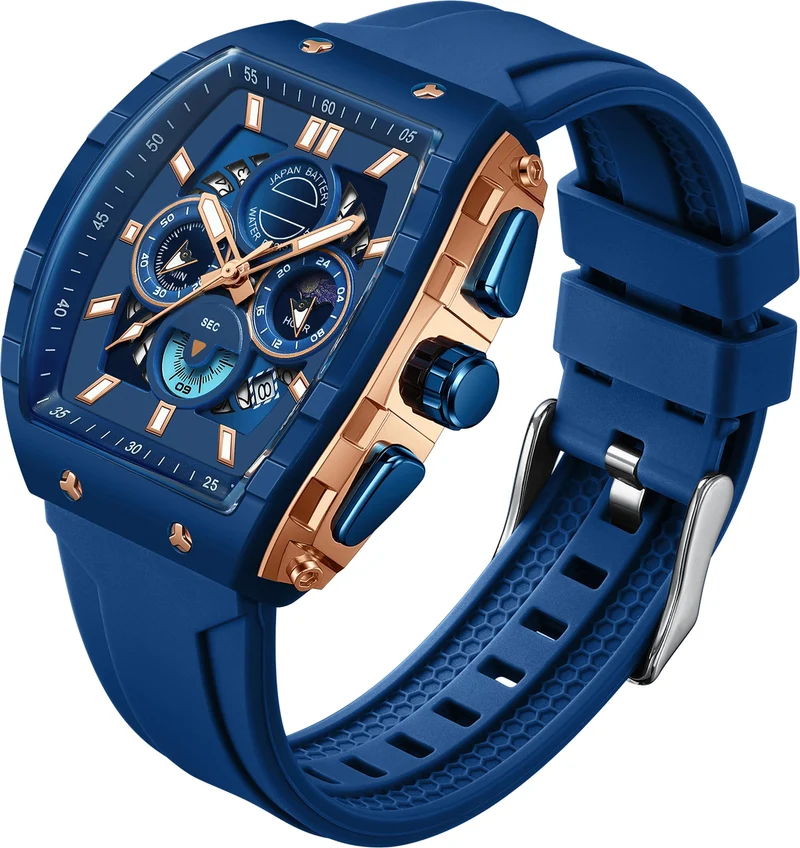 Findtime Men Watch Chronograph Analog Sport Wristwatch Waterproof Running Stopwatch Watches for Men Luminous Moon Phase Unique Tonneau Mens Watches Second Hand