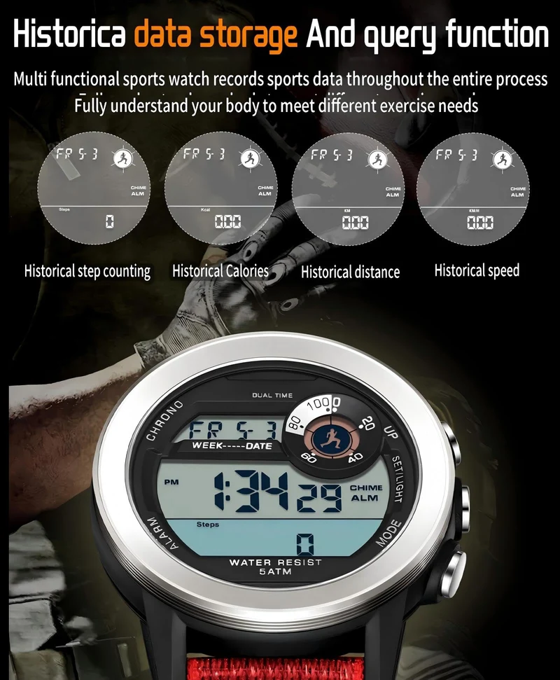 Findtime Men’s Fitness Activity Tracker Watch with Pedometer Calories & Distance Tracking Dual Time 5ATM Waterproof Countdown Timer Stopwatch Luminous Large Face Digital Watch