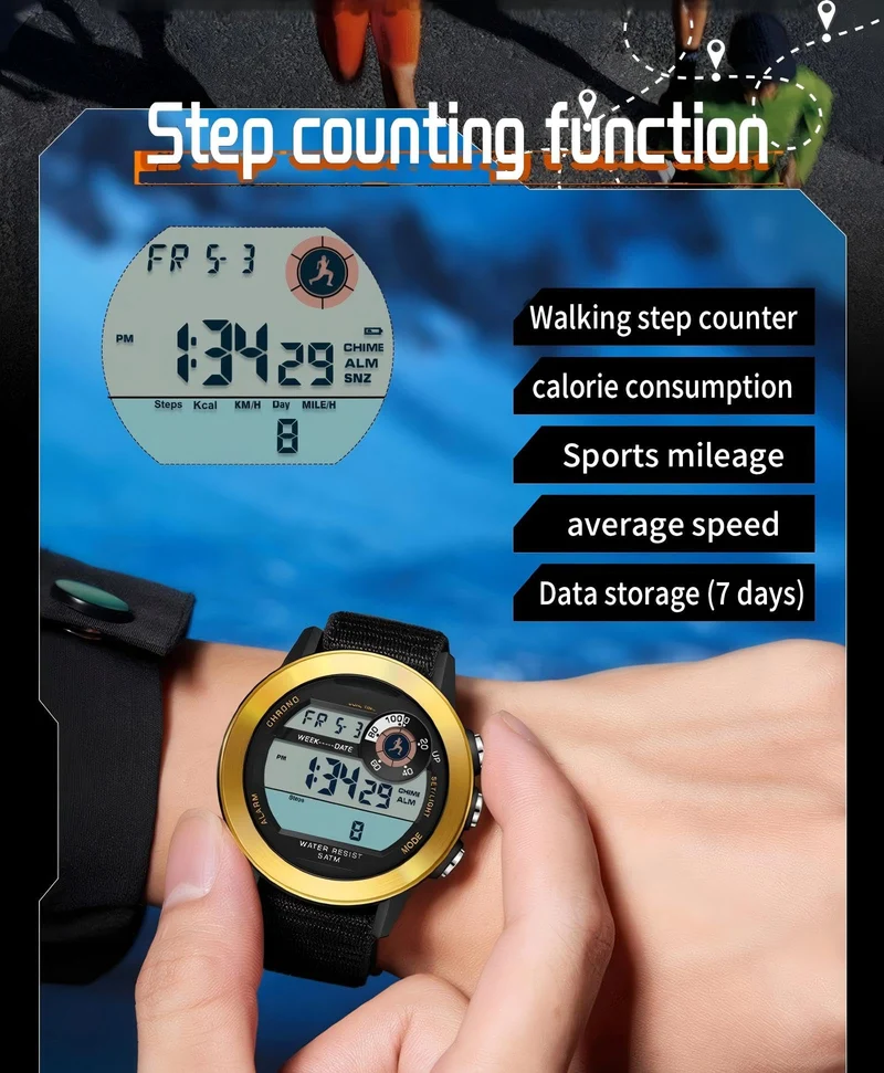Findtime Men’s Fitness Activity Tracker Watch with Pedometer Calories & Distance Tracking Dual Time 5ATM Waterproof Countdown Timer Stopwatch Luminous Large Face Digital Watch
