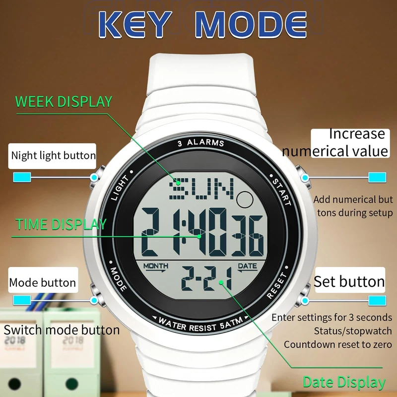 Findtime Digital Watch Waterproof Big Numbers 3-Alarms Stopwatch Sports Running Watches for Women Men Minimalist Electronic Wristwatch Easy Read Watch