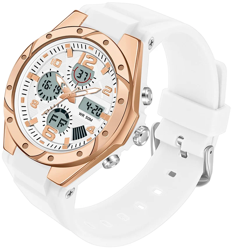 Findtime Watches for Women Digital and Analog Sports Military Outdoor Waterproof Watch for Ladies with Stopwatch Alarm Dual Time Display White