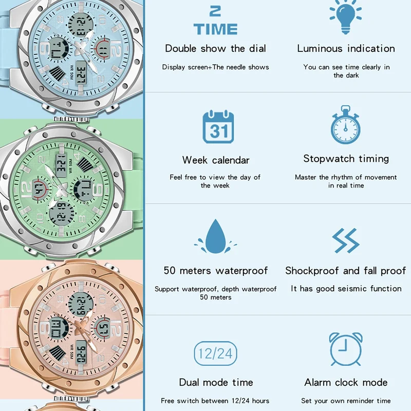 Findtime Watches for Women Digital and Analog Sports Military Outdoor Waterproof Watch for Ladies with Stopwatch Alarm Dual Time Display White
