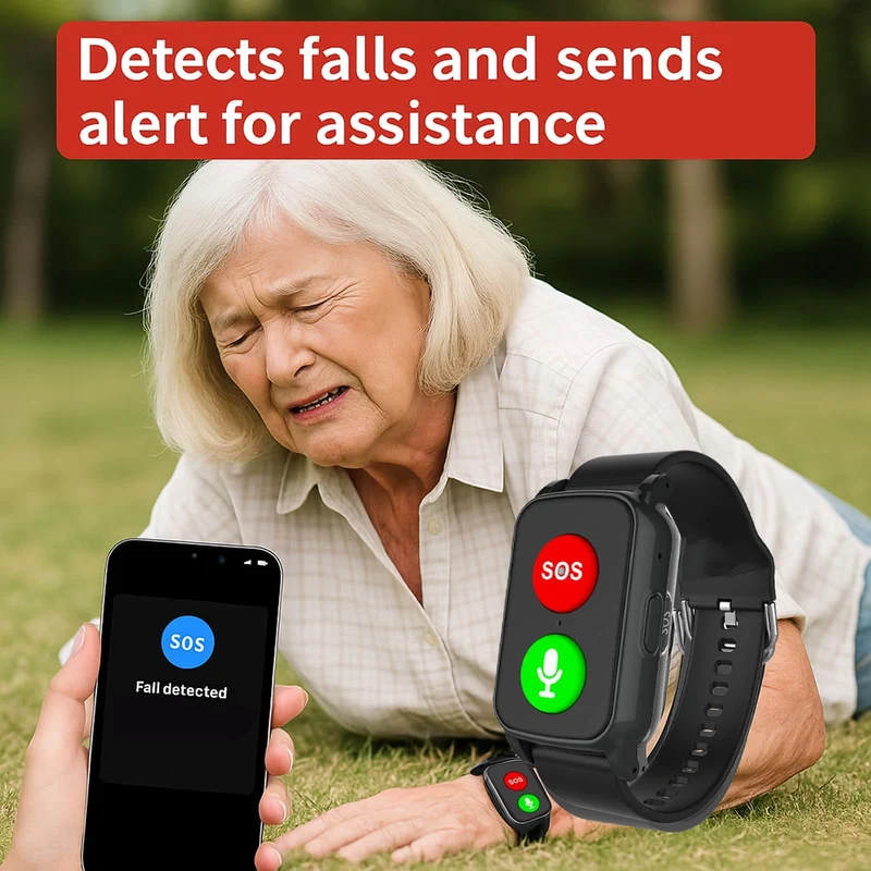 Fall Detection Smart Watch for Seniors Fall Alert Watch with GPS Track SOS Heart Rate Monitor Long Lasting Battery for Android iOS Red