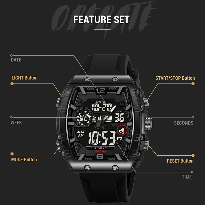 Findtime Men Watches Fashion Tonneau Novelty Designer Stylish Dress Wrist Watch with Alarm LED Dual Time 12/24H Calendar Colorful