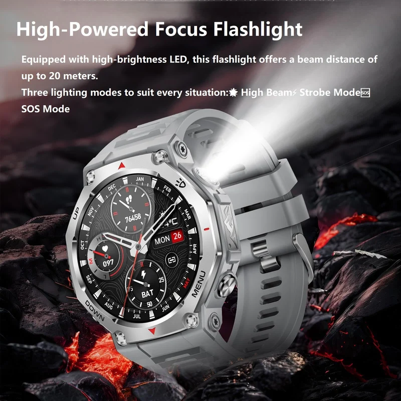Smart Watch for Men Military Watches Heart Rate Monitor Sleep Tracking Bluetooth Calling Message Notifications Fitness Tracker Step Counter Outdoor Sports Flashlight Remote Camera Waterproof