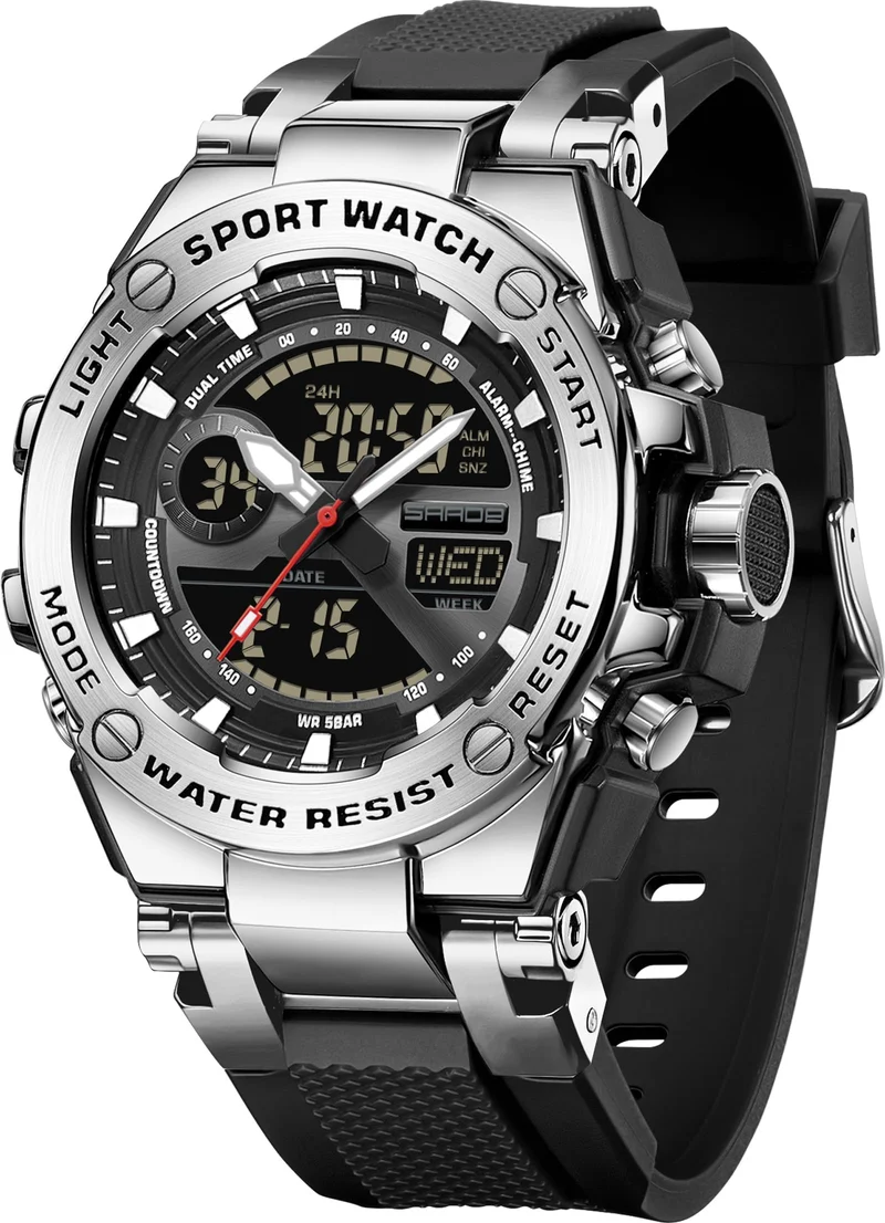Findtime Mens Watch Alloy Bezel Sport Waterproof Watches Military Digital Analog Watch Tactical Outdoor Big Face Heavy Duty Wrist Watches Dual Time LED Luminous Alarm Stopwatch