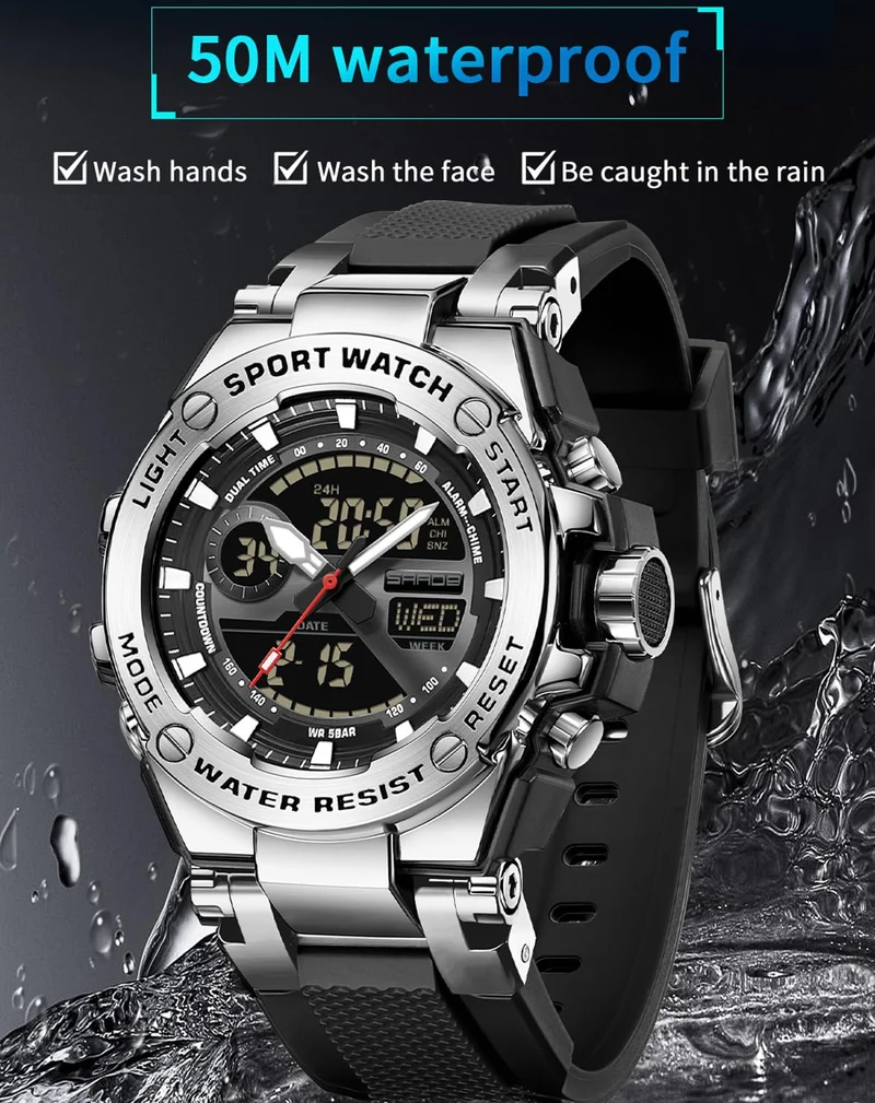 Findtime Mens Watch Alloy Bezel Sport Waterproof Watches Military Digital Analog Watch Tactical Outdoor Big Face Heavy Duty Wrist Watches Dual Time LED Luminous Alarm Stopwatch