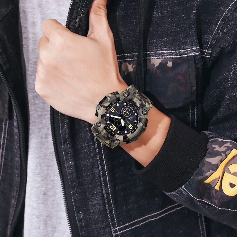 Findtime Big Face Men's Watches 50M Waterproof, Mens Analog Digital LED Outdoor Sport Watch 12H/24H Stopwatch Three Time Display