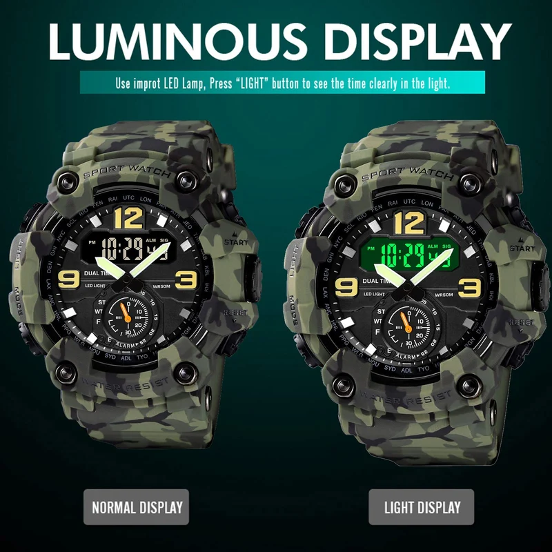 Findtime Big Face Men's Watches 50M Waterproof, Mens Analog Digital LED Outdoor Sport Watch 12H/24H Stopwatch Three Time Display