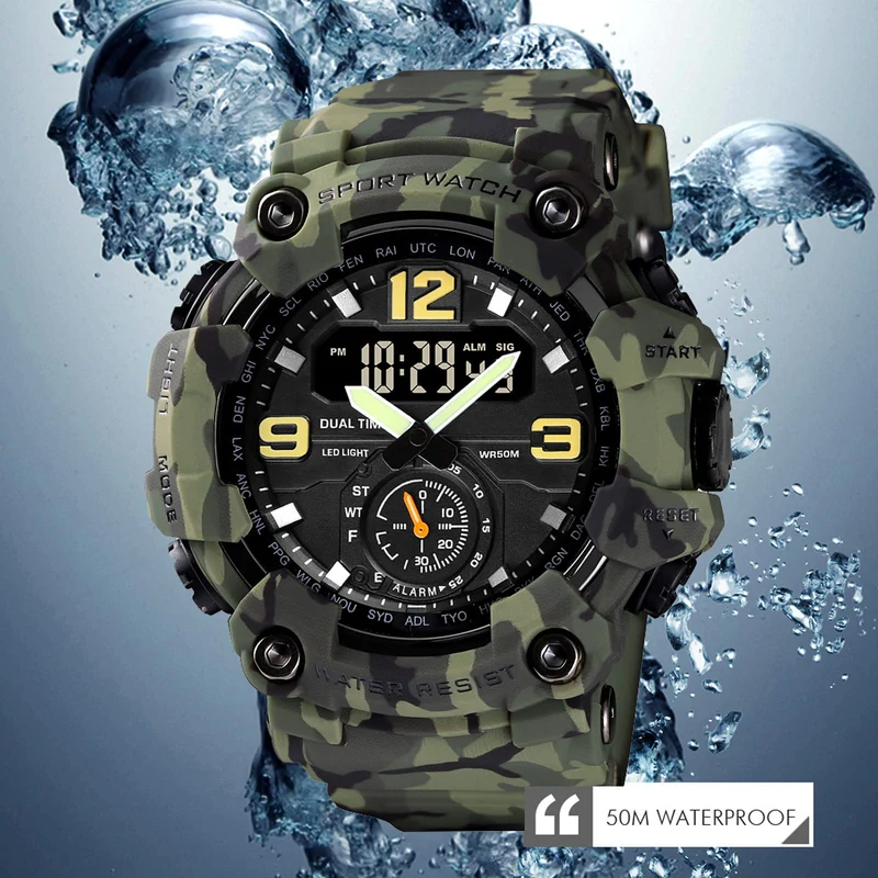 Findtime Big Face Men's Watches 50M Waterproof, Mens Analog Digital LED Outdoor Sport Watch 12H/24H Stopwatch Three Time Display