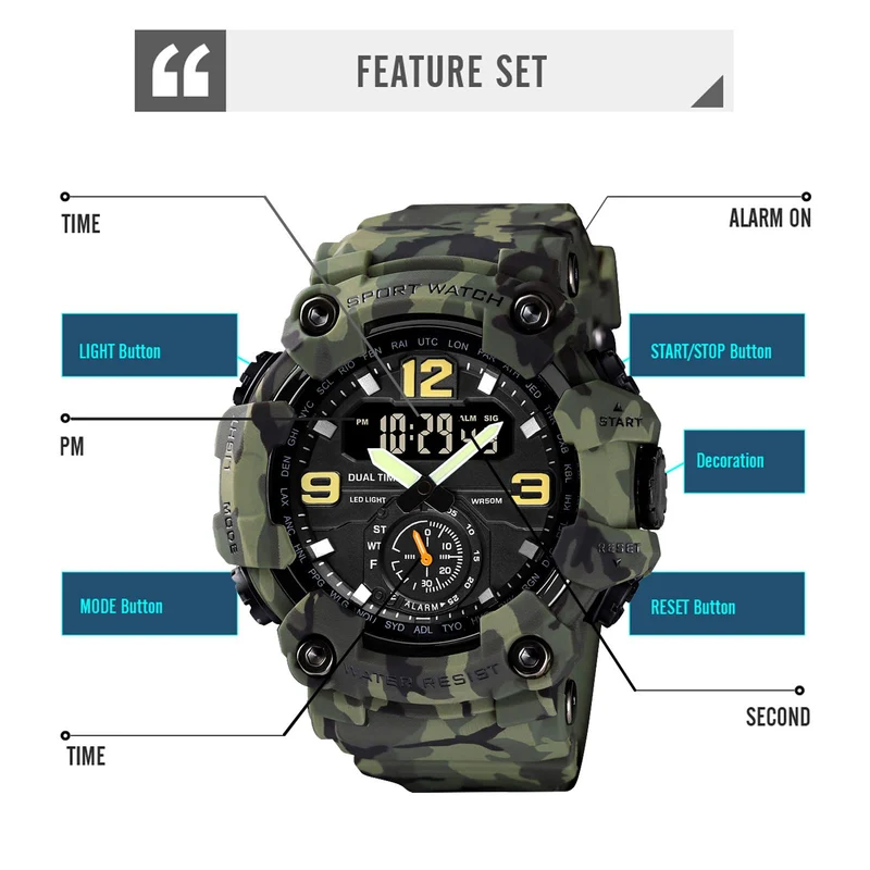 Findtime Big Face Men's Watches 50M Waterproof, Mens Analog Digital LED Outdoor Sport Watch 12H/24H Stopwatch Three Time Display