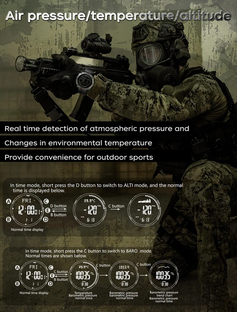 Findtime Men's Military Watches for Men Tactical ABC Digital Watch Outdoor Sports Altimeter Barometer Compass Thermometer Fitness Tracker Watch Step Counter Dual Time Stopwatch Countdown Waterproof Wristwatch