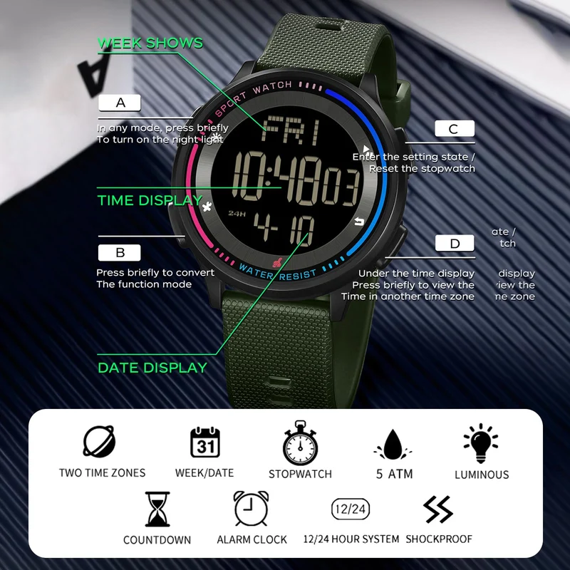 Findtime Sports Watches for Men Digital Waterproof Watch Alarm Clock Stopwatch Countdown Calendar Tactical Mens Watch Running Outdoor Relojes para Hombres Hiking Dual Time