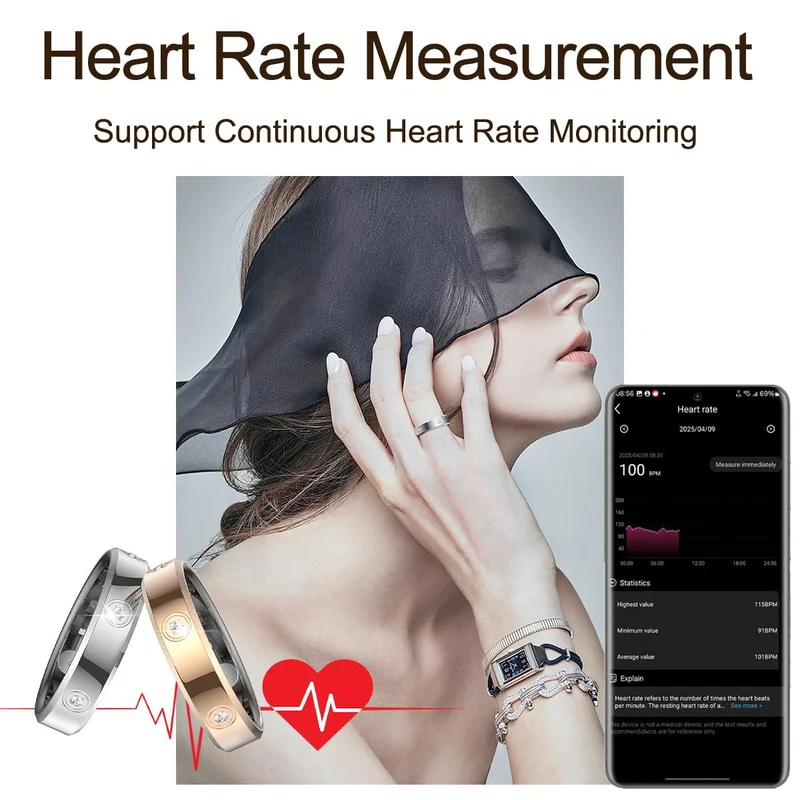 Smart Ring Ultra Narrow Heart Rate Monitor Comfortable Sleep Ring Health Fitness Tracker Pedometer Step Counter Calories Waterproof Ladies Smart Rings for Women Men