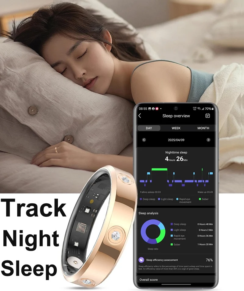 Smart Ring Ultra Narrow Heart Rate Monitor Comfortable Sleep Ring Health Fitness Tracker Pedometer Step Counter Calories Waterproof Ladies Smart Rings for Women Men