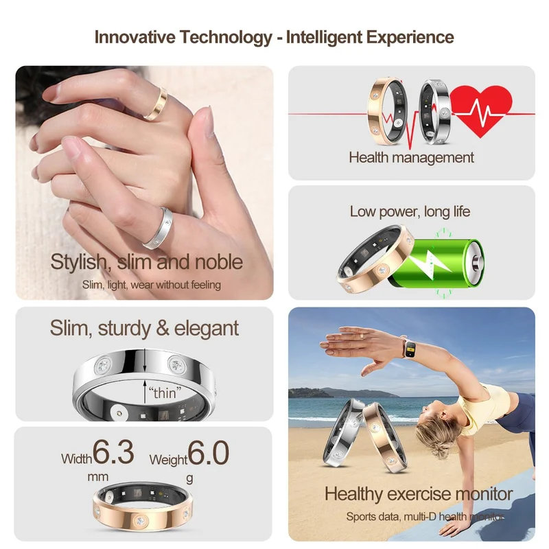 Smart Ring Ultra Narrow Heart Rate Monitor Comfortable Sleep Ring Health Fitness Tracker Pedometer Step Counter Calories Waterproof Ladies Smart Rings for Women Men