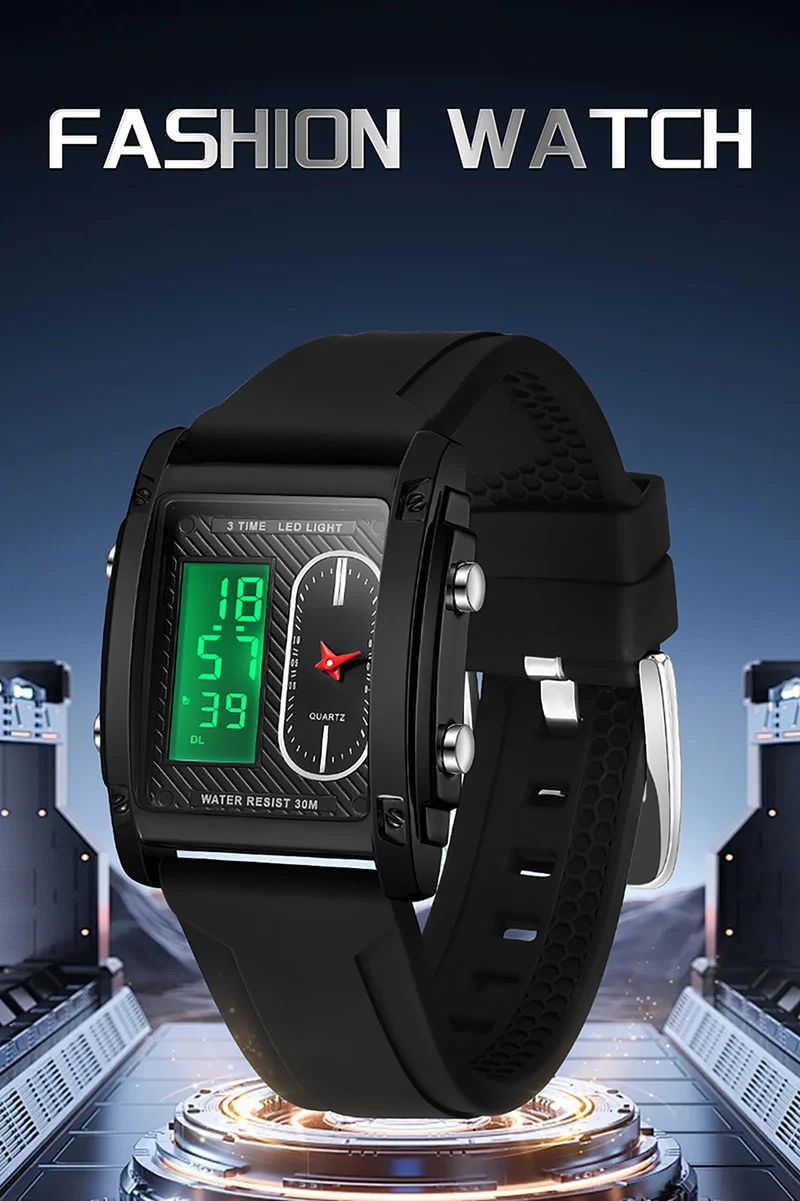 Findtime Cool Rectangle Watches for Men with Digital Analog Dual Time Relojes para Hombres Dress Unique Designer Sport Watch