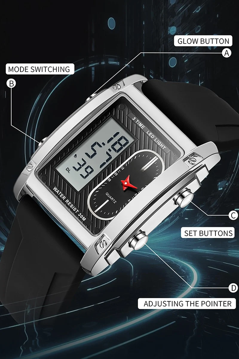 Findtime Cool Rectangle Watches for Men with Digital Analog Dual Time Relojes para Hombres Dress Unique Designer Sport Watch