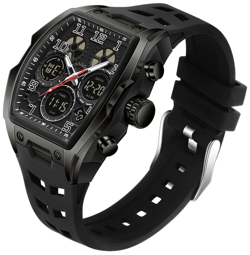 Findtime Mens Watches for Men Digital Analog Watch Triple Time Zone LED Backlight Alarm Stopwatch Silicone Strap 5ATM Waterproof for Travel/Sport/Business Easy Read Fashion Birthdays Gift for Him
