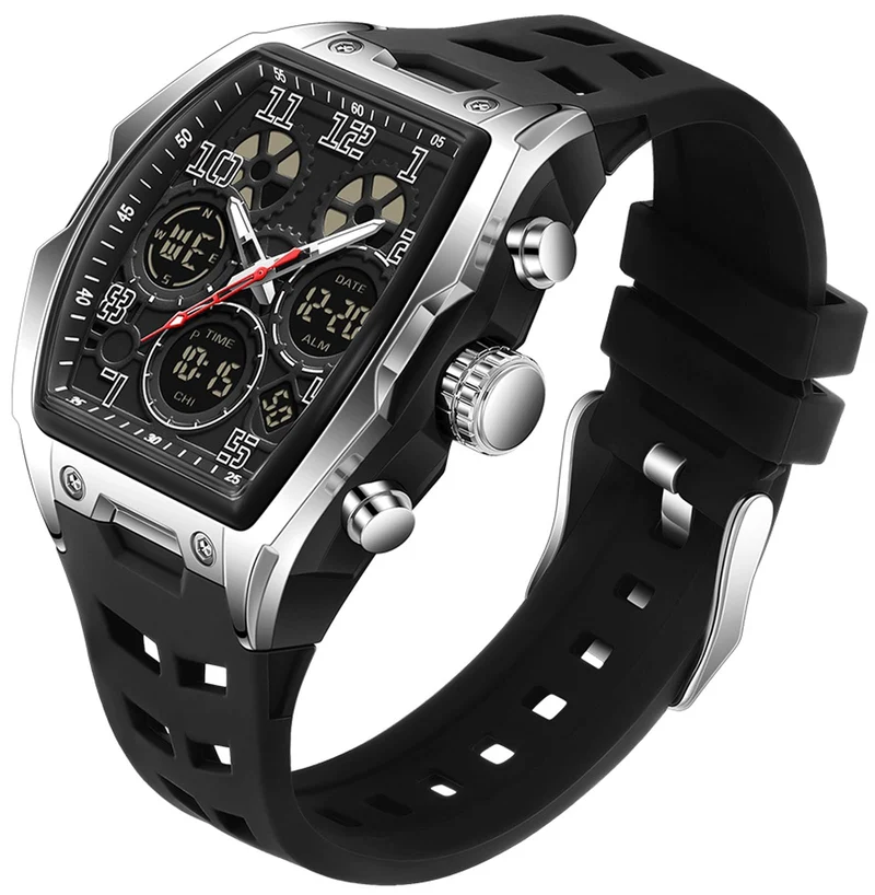 Findtime Mens Watches for Men Digital Analog Watch Triple Time Zone LED Backlight Alarm Stopwatch Silicone Strap 5ATM Waterproof for Travel/Sport/Business Easy Read Fashion Birthdays Gift for Him