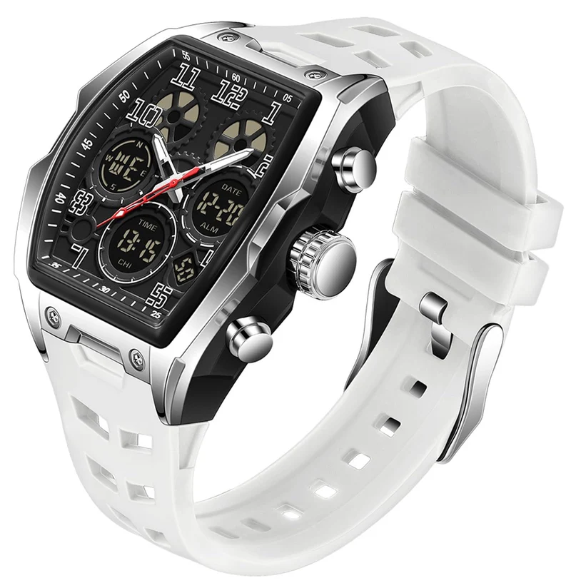 Findtime Mens Watches for Men Digital Analog Watch Triple Time Zone LED Backlight Alarm Stopwatch Silicone Strap 5ATM Waterproof for Travel/Sport/Business Easy Read Fashion Birthdays Gift for Him