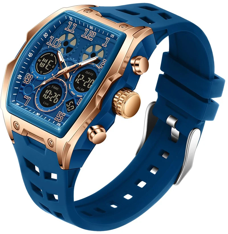 Findtime Mens Watches for Men Digital Analog Watch Triple Time Zone LED Backlight Alarm Stopwatch Silicone Strap 5ATM Waterproof for Travel/Sport/Business Easy Read Fashion Birthdays Gift for Him