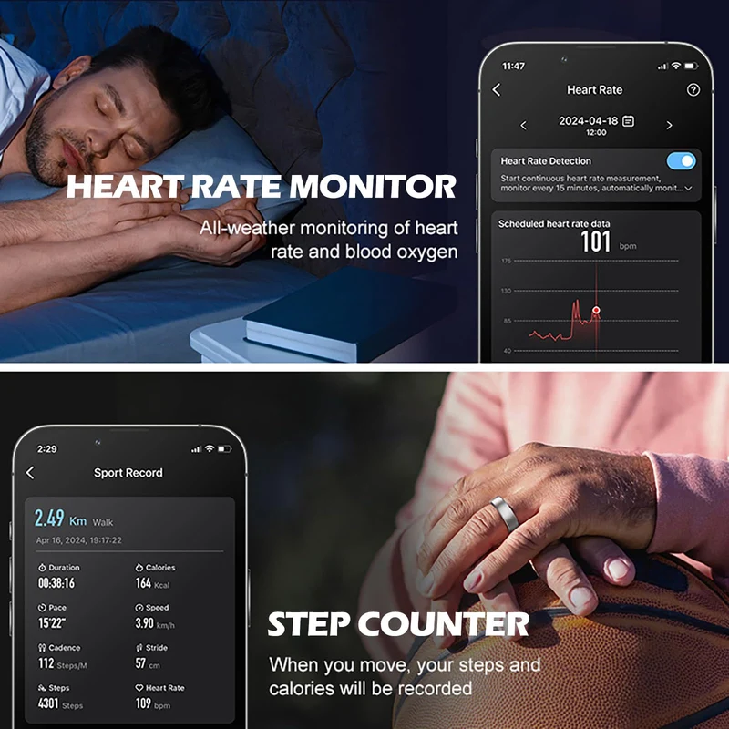 Smart Ring Health Tracker Heart Rate Sleep Tracking Pedometer Fitness Activity Wireless Charging Case Included Waterproof Smart Rings for Women Men