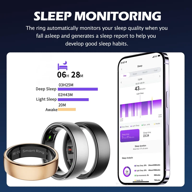 Smart Ring Health Tracker Heart Rate Sleep Tracking Pedometer Fitness Activity Wireless Charging Case Included Waterproof Smart Rings for Women Men