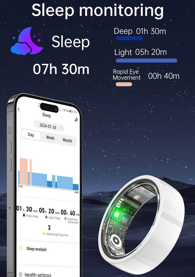 Smart Ring for Men Women Ceramics Smart Ring Blood Pressure Monitor Heart Rate Monitor Sleep Tracker Health Ring Fitness Tracker Pedometer Calories Step Counter Waterproof