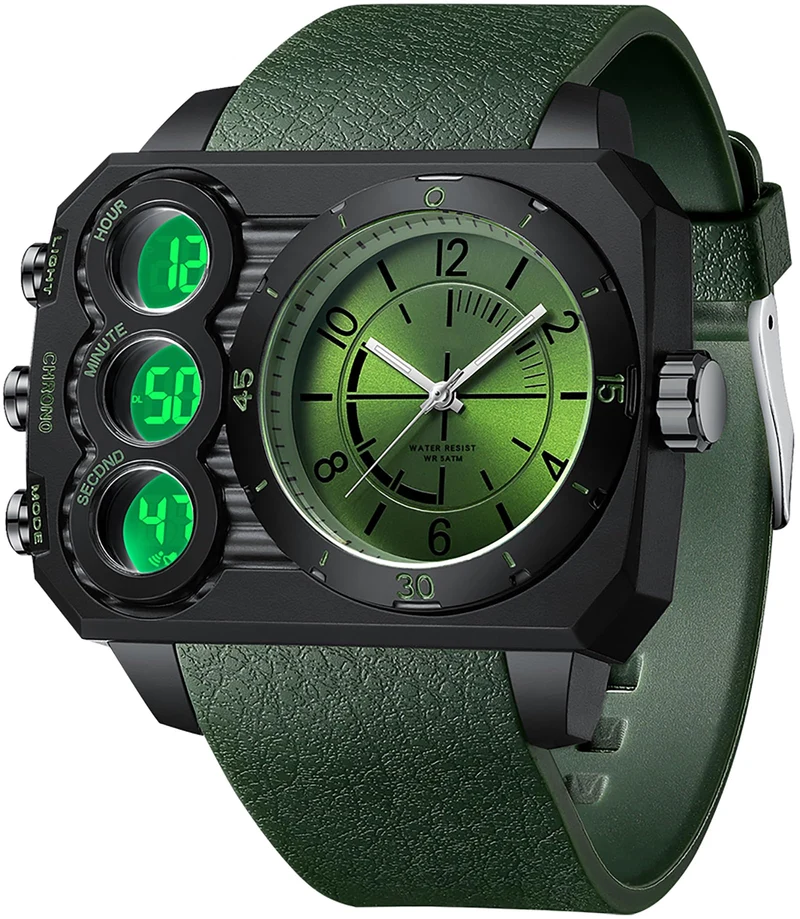 Findtime Big Face Watch for Men Square Large Face Cool Mens Watches with Three Time Zone Countdown Alarm LED Stopwatch Unique Cool Wristwatch