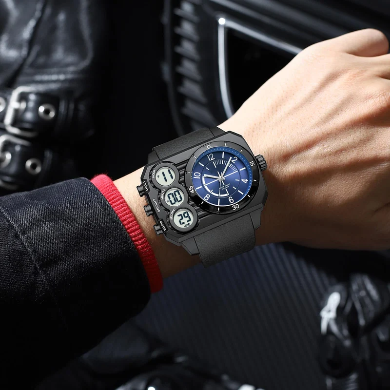 Findtime Big Face Watch for Men Square Large Face Cool Mens Watches with Three Time Zone Countdown Alarm LED Stopwatch Unique Cool Wristwatch