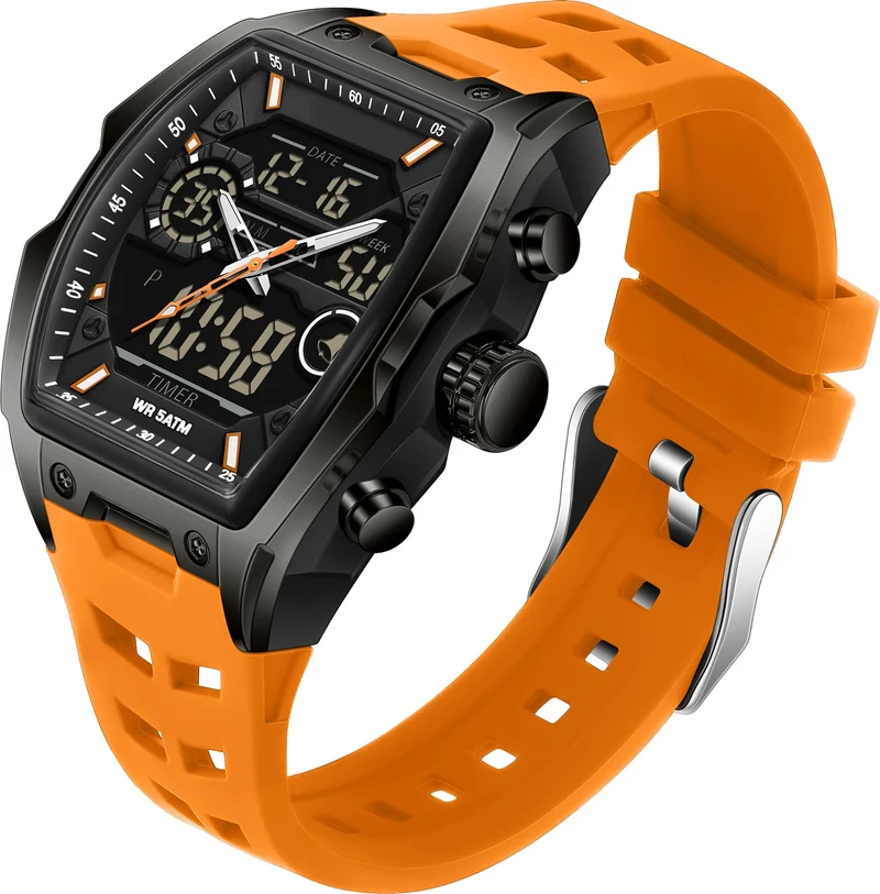 Findtime Men's Watch Sport Waterproof Watches Military Square Digital Analog Wrist Watch Unique Fashion Tactical Watches with LED Stopwatch Countdown Alarm Curved Screen