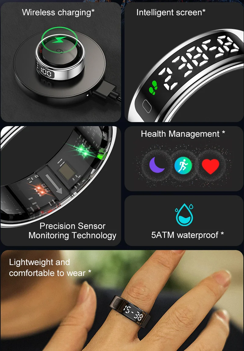 Smart Ring for Men Health Ring with Touchscreen Heart Rate Monitor Sleep Tracker Gesture Control for Scrolling Fitness Tracker Ring Pedometer IP68 Waterproof