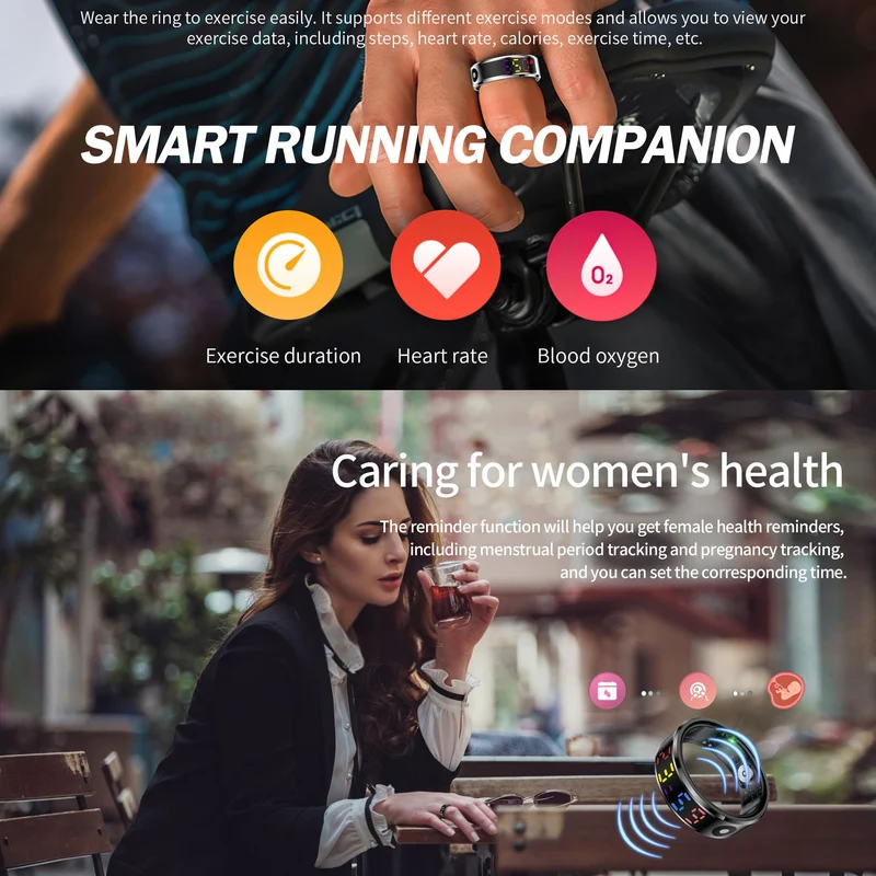 Smart Ring Fitness Health Ring with Color Screen Display Digital Step Counter Calorie Pedometer Heart Rate Sleep Rings Exercise Modes Tracker Women Men Smart Rings for Android & iOS