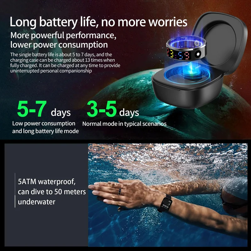 Smart Ring Fitness Health Ring with Color Screen Display Digital Step Counter Calorie Pedometer Heart Rate Sleep Rings Exercise Modes Tracker Women Men Smart Rings for Android & iOS
