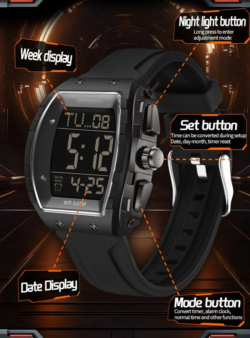 Findtime Men Digital Watches Dual Time Zone with LED Backlight Alarm Stopwatch Silicone Strap 5ATM Waterproof for Travel/Sport/Business Easy Read Fashion Birthdays Gift for Him
