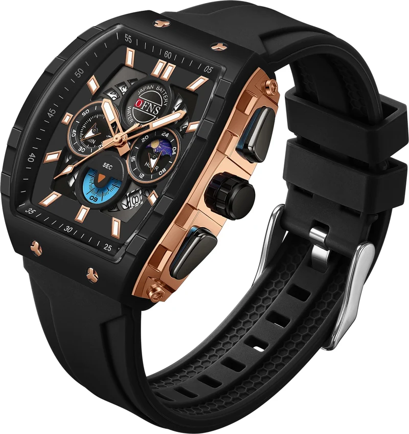 Findtime Men's Watch Fashion Analog Watches Tonneau Unique Sport Wrist Watch Quartz Chronograph Waterproof Watches with Luminous Calendar Curved Screen