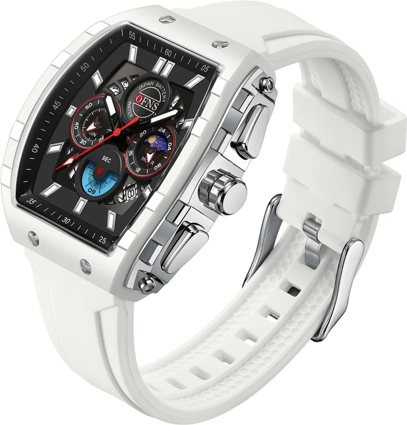 Findtime Men's Watch Fashion Analog Watches Tonneau Unique Sport Wrist Watch Quartz Chronograph Waterproof Watches with Luminous Calendar Curved Screen