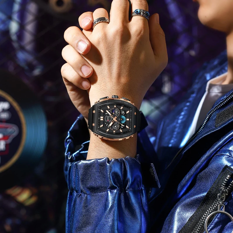 Findtime Men's Watch Fashion Analog Watches Tonneau Unique Sport Wrist Watch Quartz Chronograph Waterproof Watches with Luminous Calendar Curved Screen