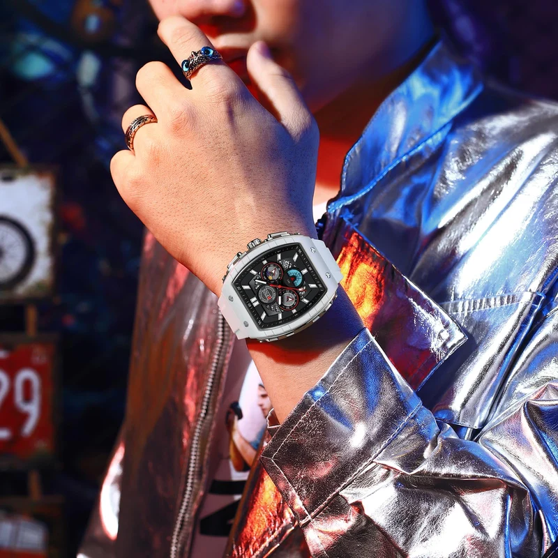 Findtime Men's Watch Fashion Analog Watches Tonneau Unique Sport Wrist Watch Quartz Chronograph Waterproof Watches with Luminous Calendar Curved Screen