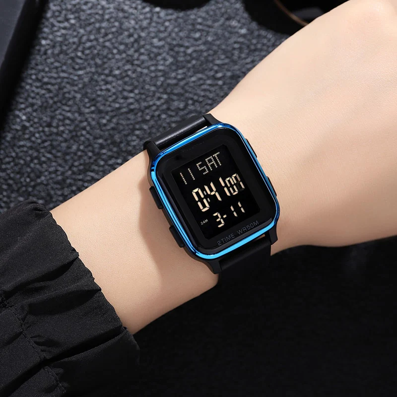 Findtime LED Digital Watch Mens Womens Black Rectangle Square Face Big Numbers Dial Unisex Watches Sports Waterproof Dual Time Stopwatch Fashion Simple Wristwatch