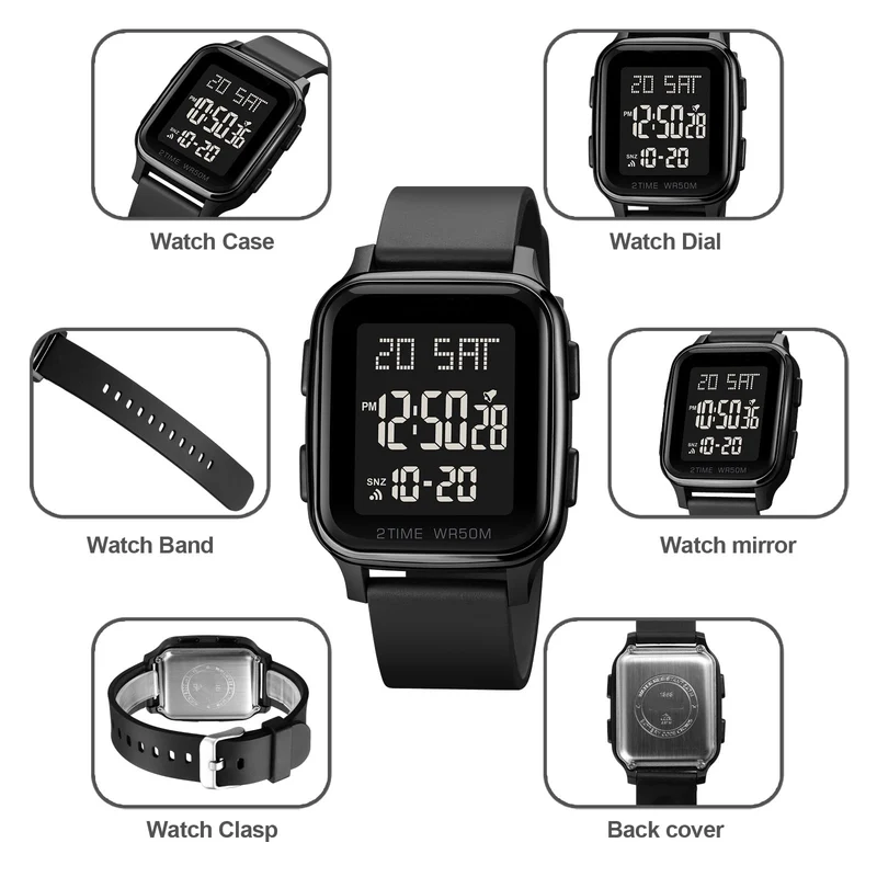 Findtime LED Digital Watch Mens Womens Black Rectangle Square Face Big Numbers Dial Unisex Watches Sports Waterproof Dual Time Stopwatch Fashion Simple Wristwatch