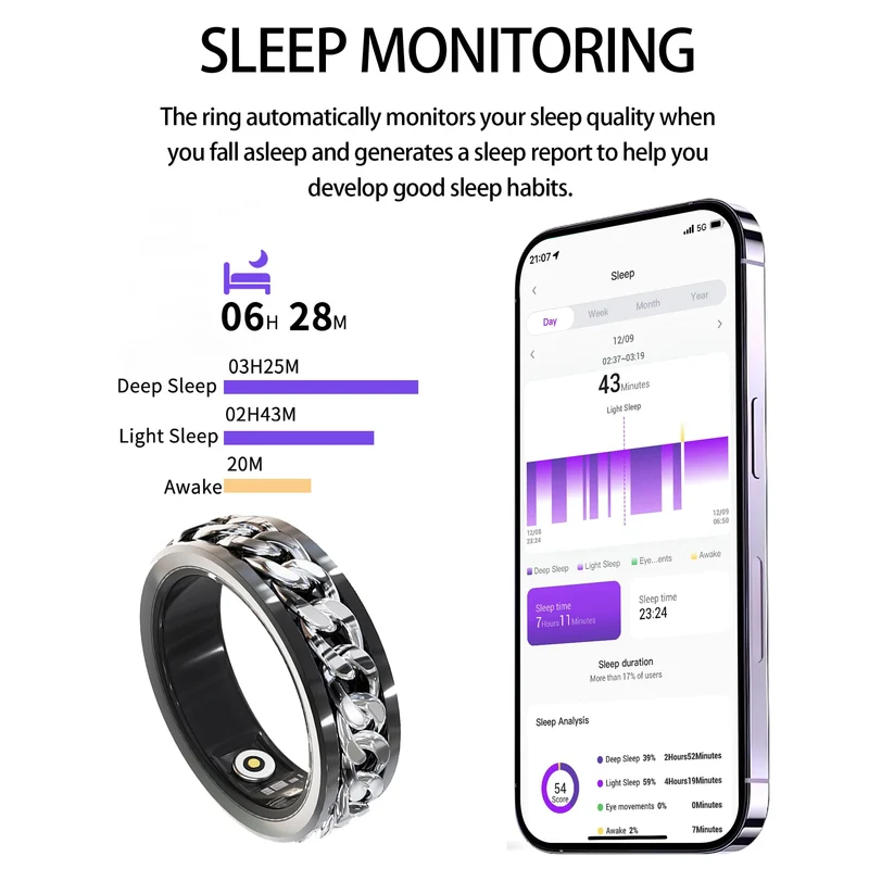 Smart Ring Cuban Link Rings Heart Rate Monitor Sleep Health Ring for Men Punk Smart Rings for Android & iOS Step Counter Calorie Counter Sport Fitness Tracker